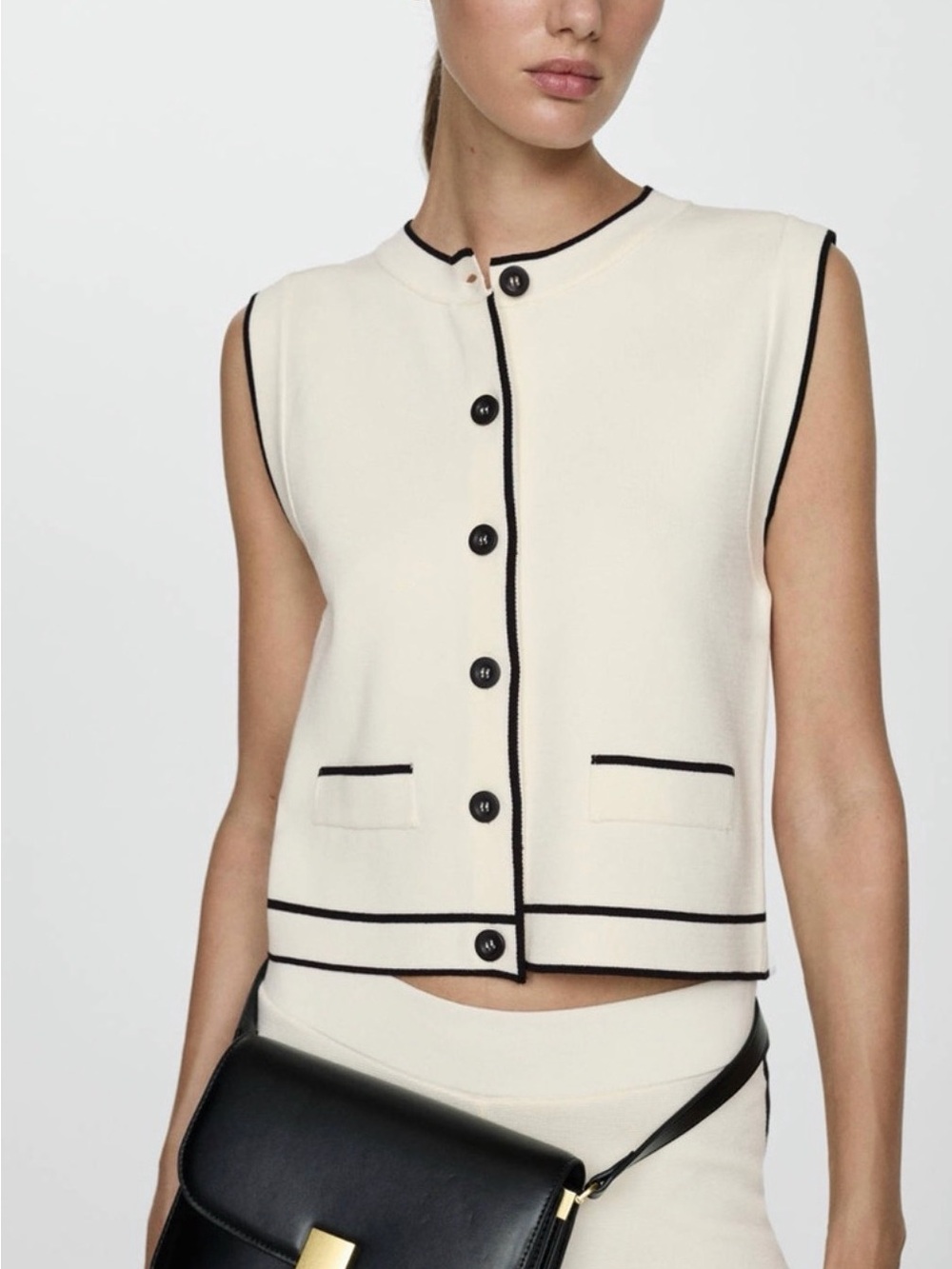 A Love Story Sleeveless Knit Button Contrast Vest with Black Trim medium